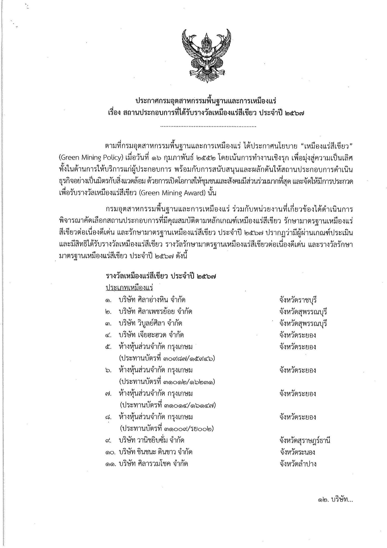 ประกาศรายชื่อเหมืองแร่สีเขียว