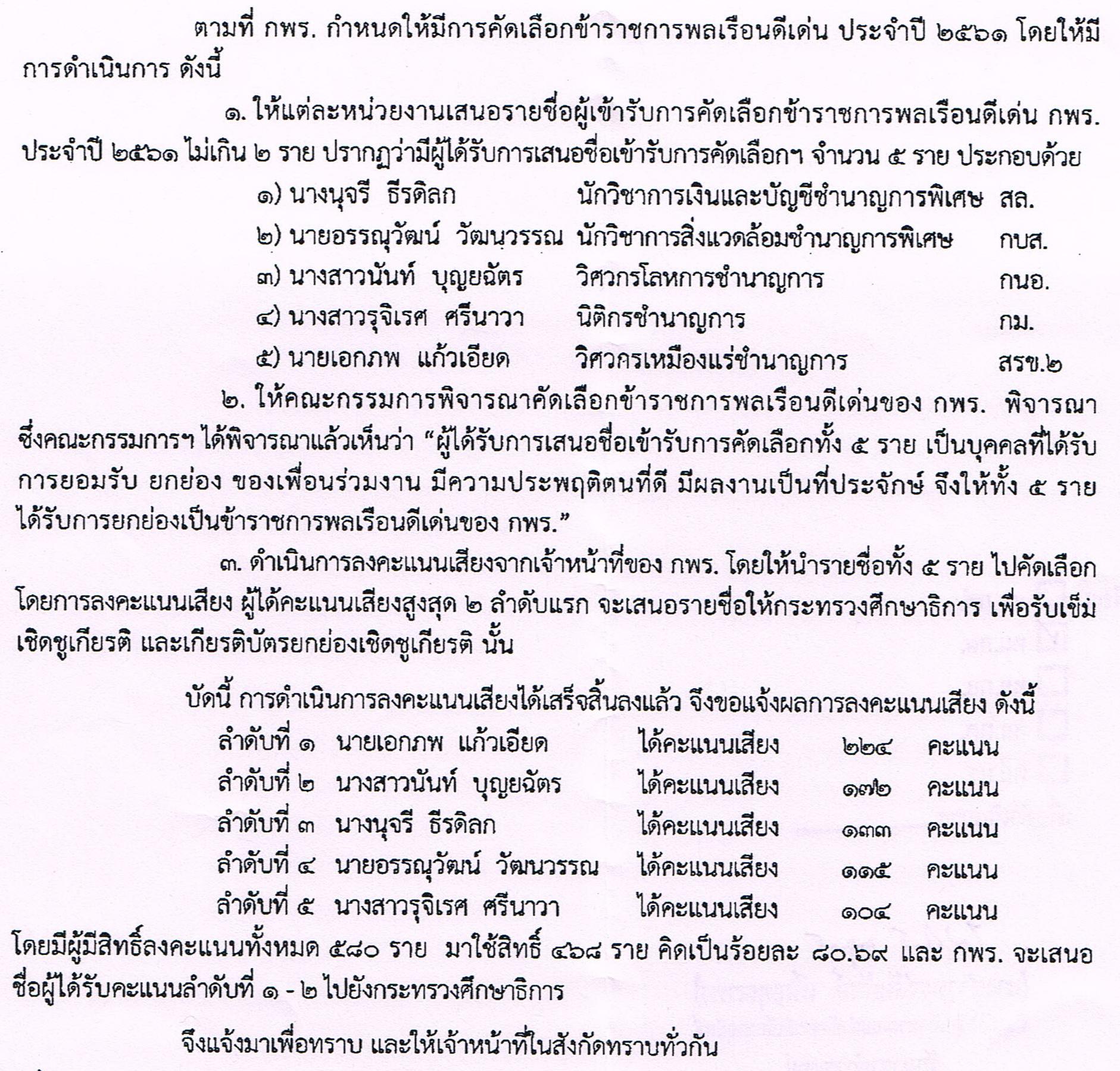 การคัดเลือกข้าราชการพลเรือนดีเด่น กพร. ประจำปี ๒๕๖๑