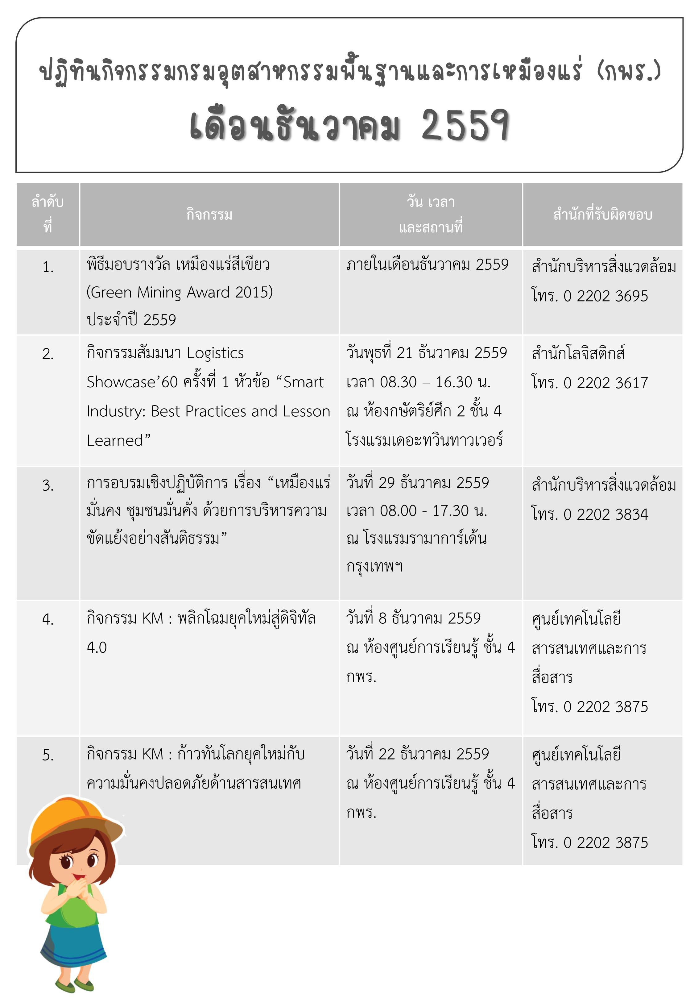 ปฏิทินกิจกรรมกรมอุตสาหกรรมพื้นฐานและการเหมืองแร่ เดือนธันวาคม 2559
