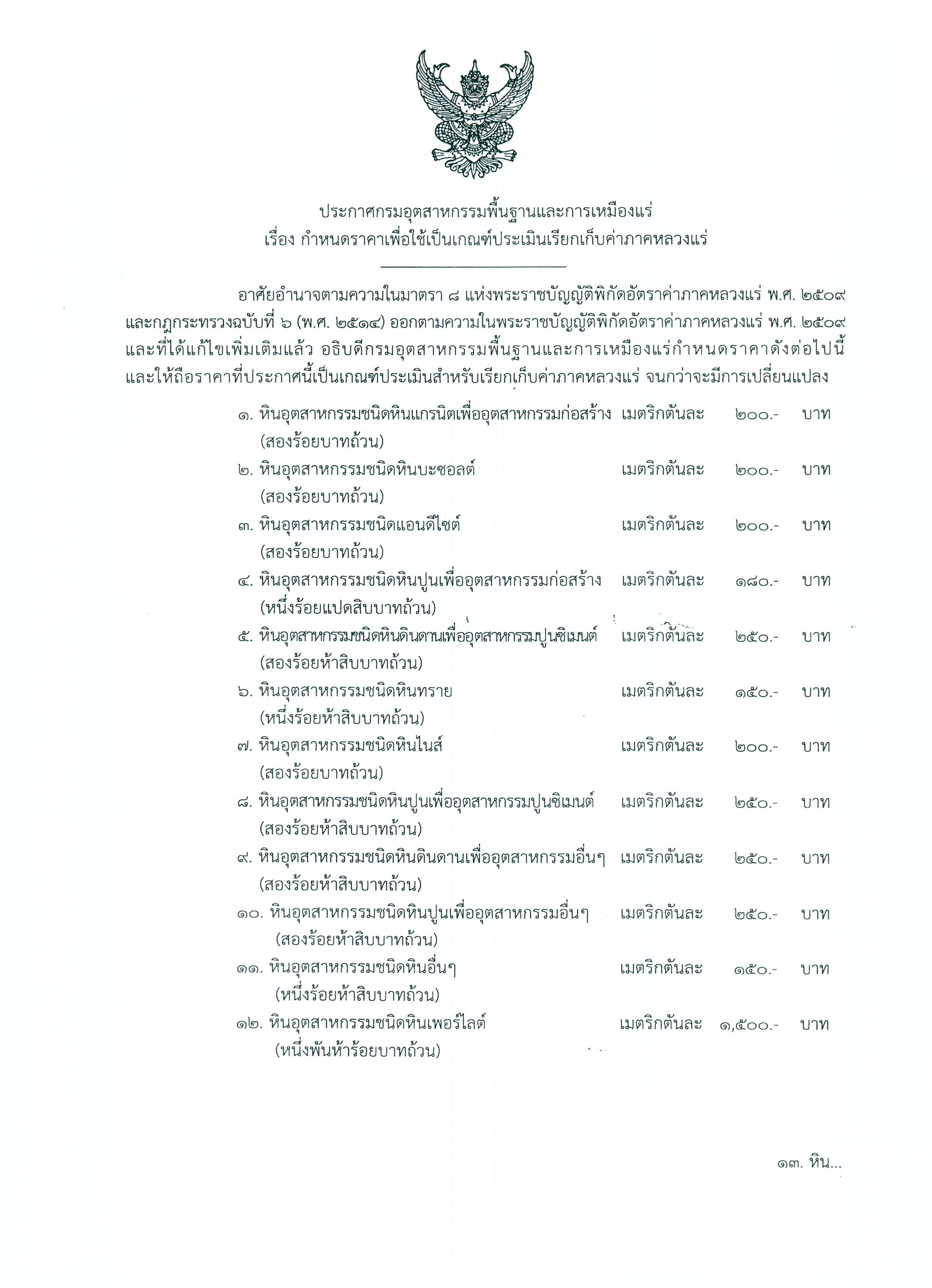 ประกาศกรมอุตสาหกรรมพื้นฐานและการเหมืองแร่ เรื่อง กำหนดราคาเพื่อใช้เป็นเกณฑ์ประเมินเรียกเก็บค่าภาคหลวงแร่